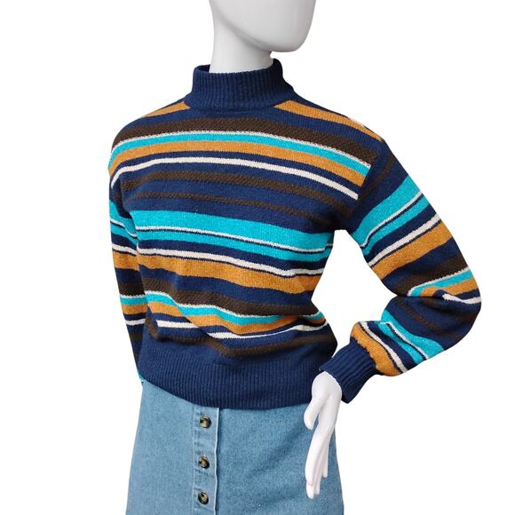 St. John's Bay Mock Neck Sweater Top Size XS Blue and Brown Stripes - Picture 2 of 7